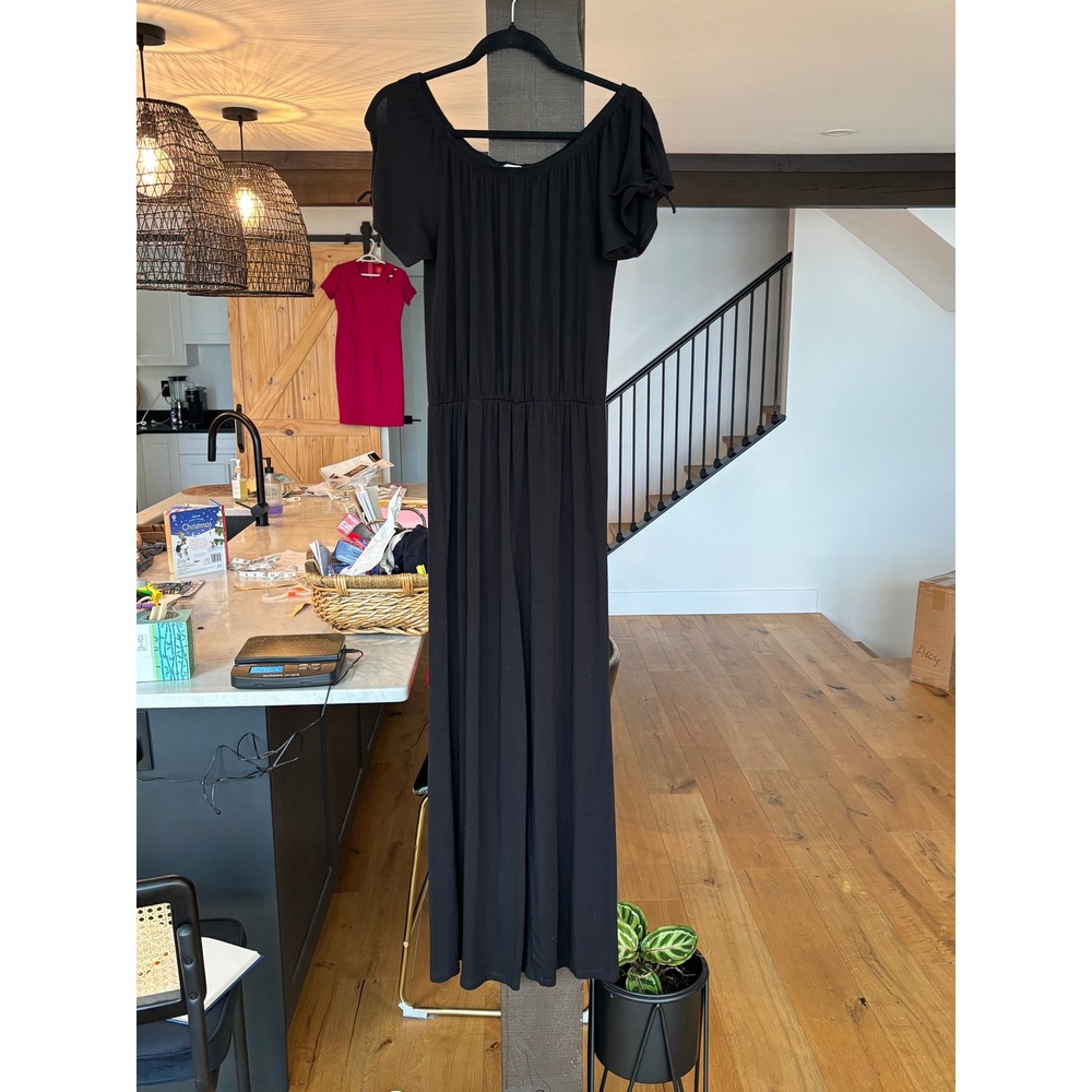 Kismet Black Jumpsuit Off Shoulder sz small Whimsigoth cocktail rayon spandex